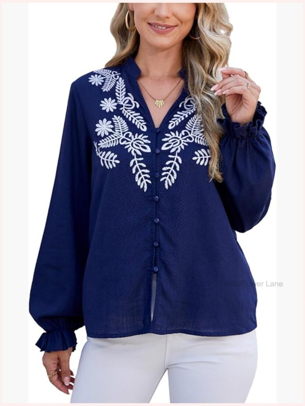 V Neck Embroidered Linen Blouse Ruffle Long Sleeve Button Down Boho Top